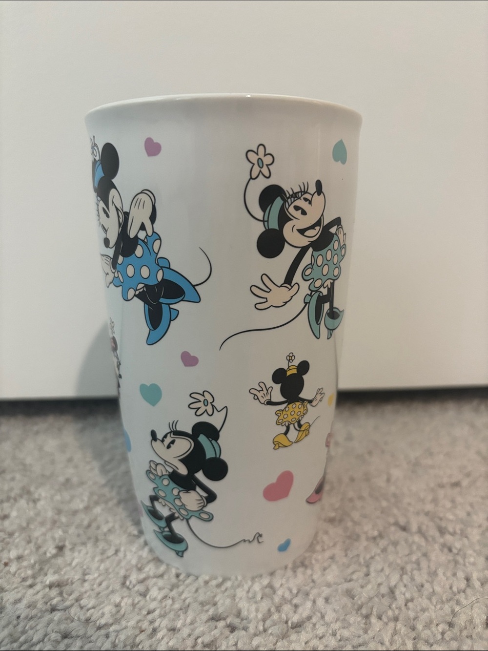 Disney Minnie Mouse White Ceramic Tumbler with Blue, Pink and Yellow Accents